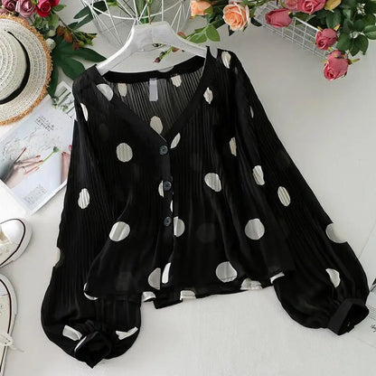 TAMBREET 2024 Summer New Super Fairy V-neck Bubble Lantern Sleeve Chiffon Shirt Women's Pleated Dot Sunscreen Shirt Top Women