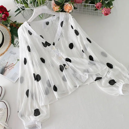 TAMBREET 2024 Summer New Super Fairy V-neck Bubble Lantern Sleeve Chiffon Shirt Women's Pleated Dot Sunscreen Shirt Top Women