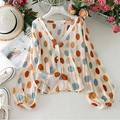 TAMBREET 2024 Summer New Super Fairy V-neck Bubble Lantern Sleeve Chiffon Shirt Women's Pleated Dot Sunscreen Shirt Top Women