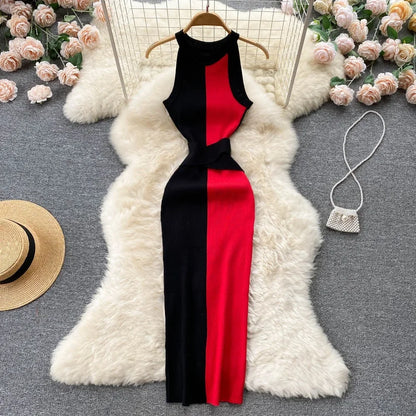 TAMBREET 2024 Summer Women Dress Elegant Rib Knit Slim Waist Bandage Pencil Dress Office Lady Sleeveless Bodycon Sweater Dress