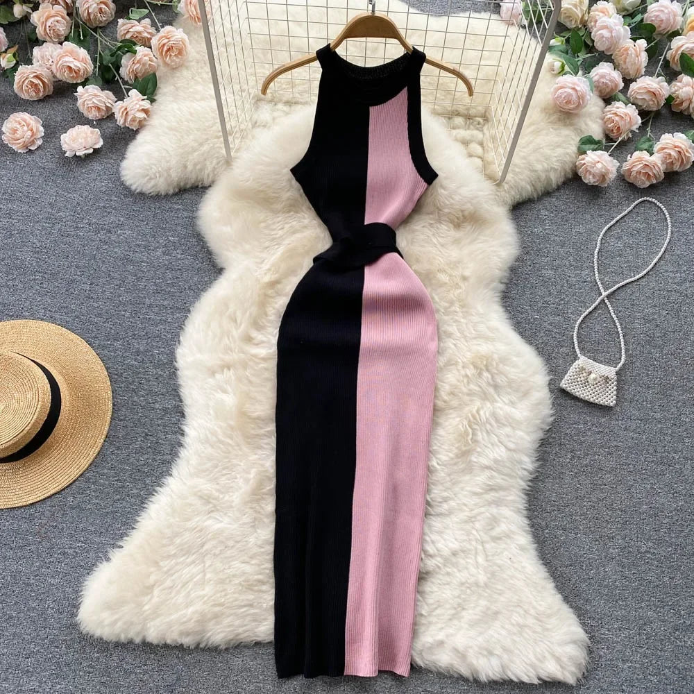 TAMBREET 2024 Summer Women Dress Elegant Rib Knit Slim Waist Bandage Pencil Dress Office Lady Sleeveless Bodycon Sweater Dress