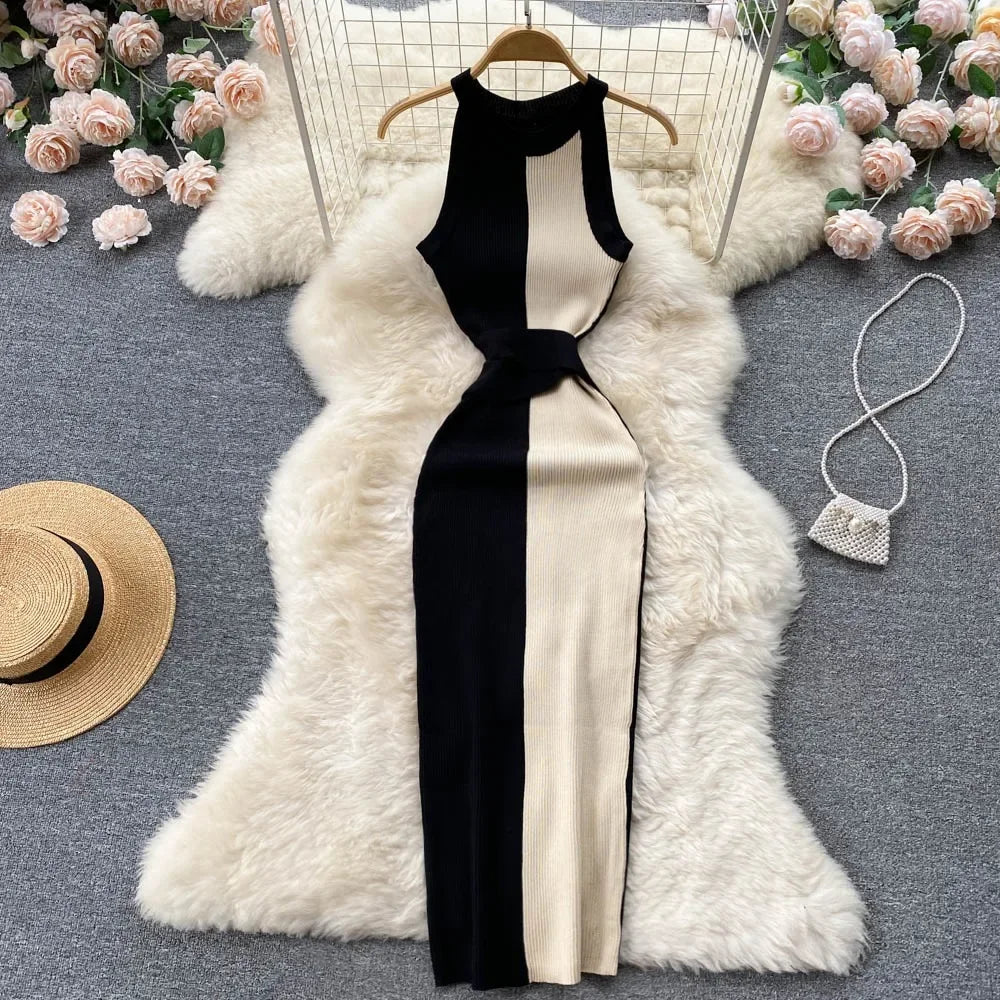 TAMBREET 2024 Summer Women Dress Elegant Rib Knit Slim Waist Bandage Pencil Dress Office Lady Sleeveless Bodycon Sweater Dress