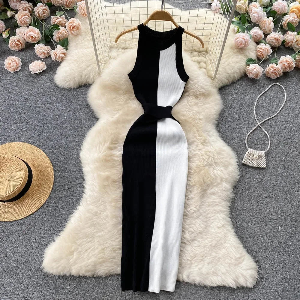 TAMBREET 2024 Summer Women Dress Elegant Rib Knit Slim Waist Bandage Pencil Dress Office Lady Sleeveless Bodycon Sweater Dress