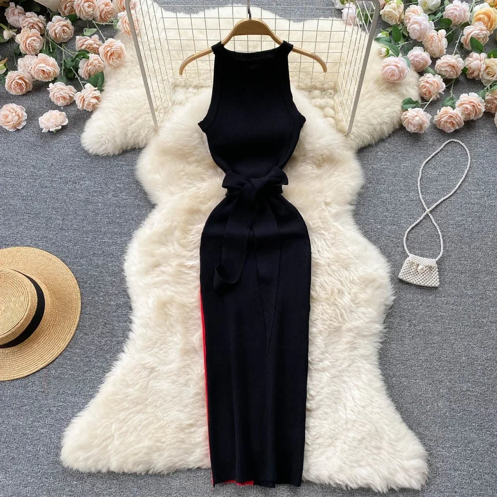 TAMBREET 2024 Summer Women Dress Elegant Rib Knit Slim Waist Bandage Pencil Dress Office Lady Sleeveless Bodycon Sweater Dress