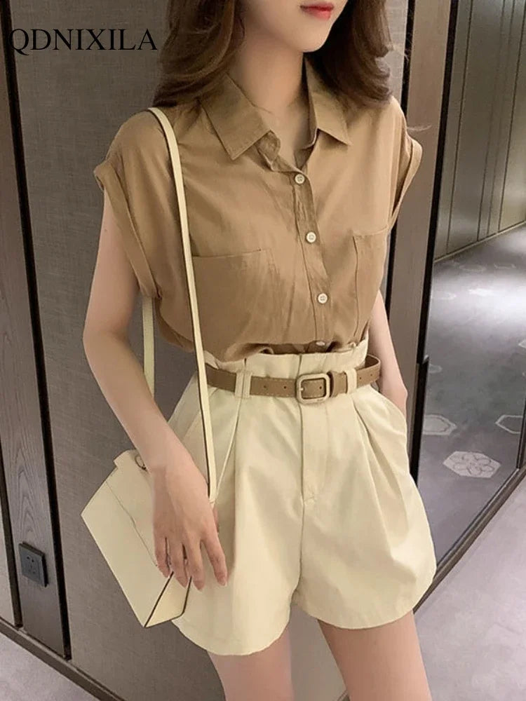 TAMBREET 2024 Summer Women's Shorts Sets Design Fashion Elegant Thin Loose Fashion Sleeveless French Shirts Wide Leg Shorts 2 Piece Set