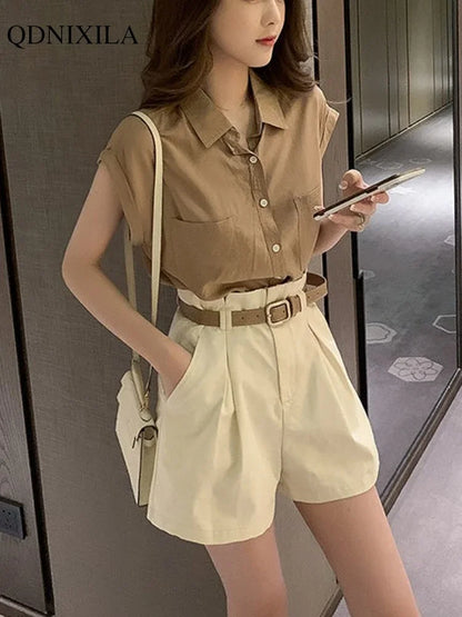 TAMBREET 2024 Summer Women's Shorts Sets Design Fashion Elegant Thin Loose Fashion Sleeveless French Shirts Wide Leg Shorts 2 Piece Set