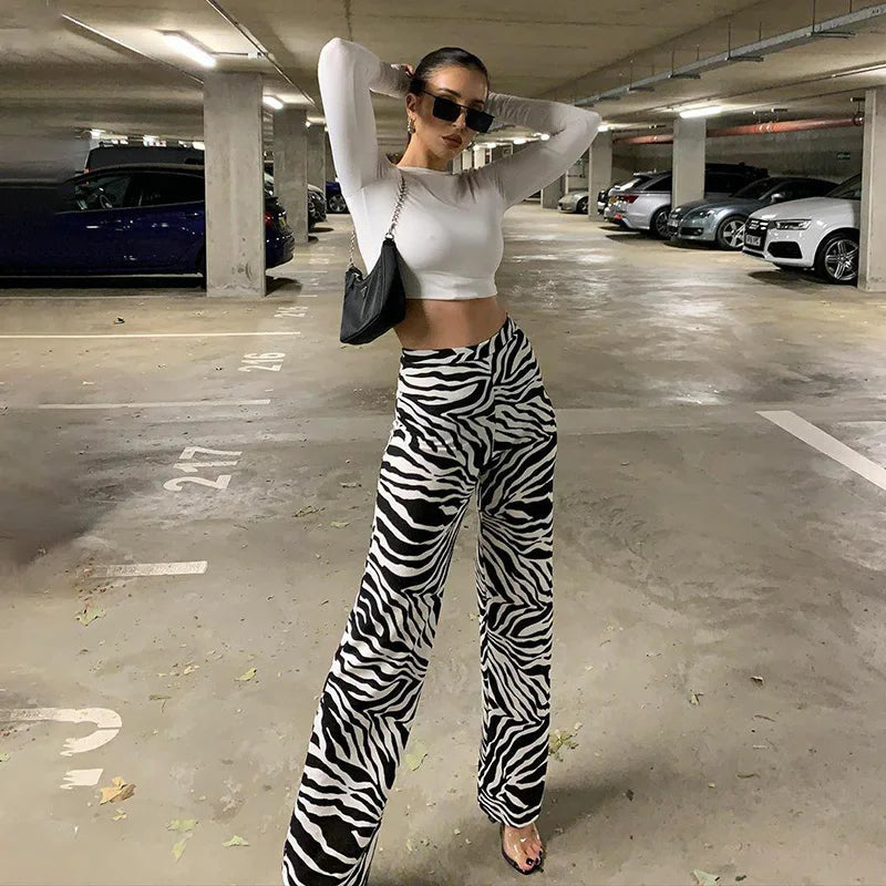 TAMBREET 2024 Summer Zebra Print Wide Leg Pants Y2K Trousers Sexy High Waist Women New Fashion Casual Female Stripe Streetwear 16395