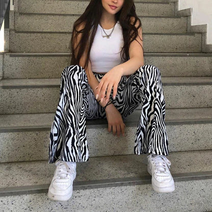 TAMBREET 2024 Summer Zebra Print Wide Leg Pants Y2K Trousers Sexy High Waist Women New Fashion Casual Female Stripe Streetwear 16395