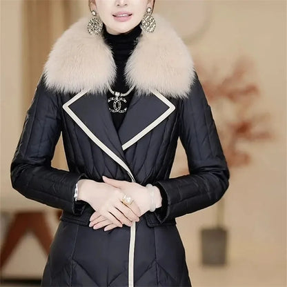 TAMBREET 2024 Winter Female New Thickened Waist Down cotton Jacket Imitation Big Fox Fur Collar Medium Long Belt Flip Collar High end