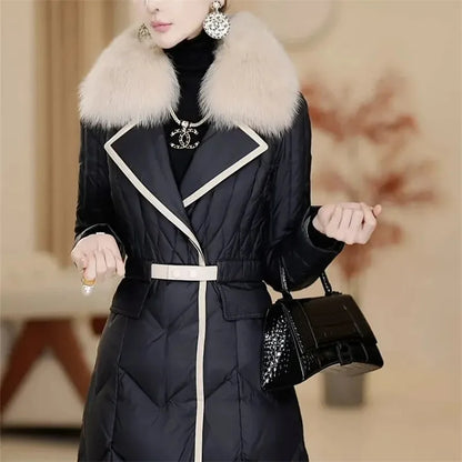 TAMBREET 2024 Winter Female New Thickened Waist Down cotton Jacket Imitation Big Fox Fur Collar Medium Long Belt Flip Collar High end