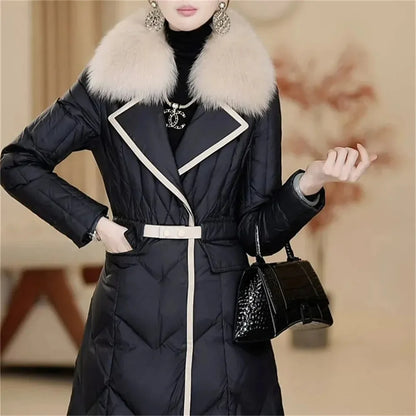 TAMBREET 2024 Winter Female New Thickened Waist Down cotton Jacket Imitation Big Fox Fur Collar Medium Long Belt Flip Collar High end