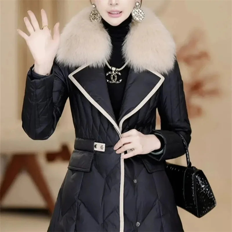 TAMBREET 2024 Winter Female New Thickened Waist Down cotton Jacket Imitation Big Fox Fur Collar Medium Long Belt Flip Collar High end