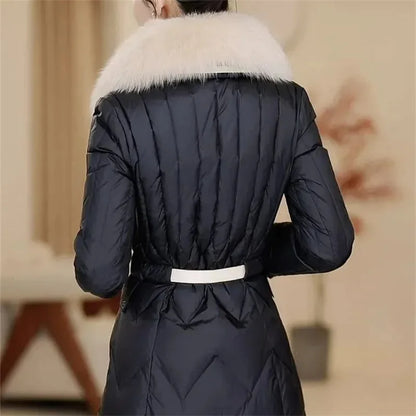 TAMBREET 2024 Winter Female New Thickened Waist Down cotton Jacket Imitation Big Fox Fur Collar Medium Long Belt Flip Collar High end