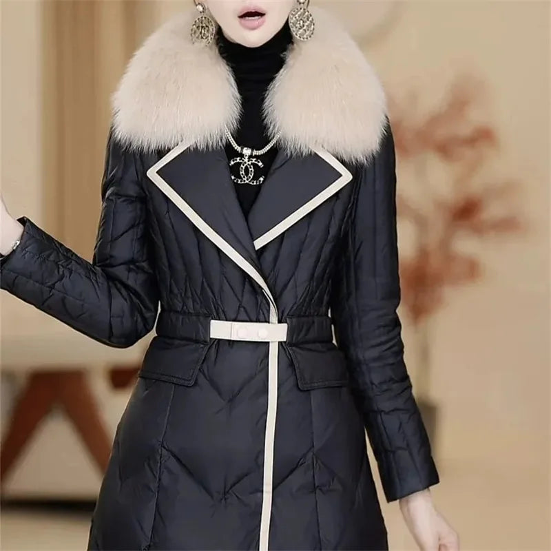 TAMBREET 2024 Winter Female New Thickened Waist Down cotton Jacket Imitation Big Fox Fur Collar Medium Long Belt Flip Collar High end