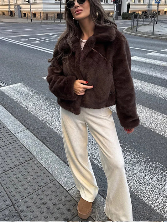 TAMBREET 2024 Winter New Brown Short Faux Fur Jacket Women's Fashion Long Sleeve Soft Cropped Coat Female Loose High Street Outwear