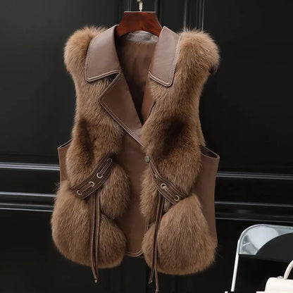 TAMBREET 2024 Women Autumn Winter New Imitation Fox Fur Vest Jacket Female Vest Women Grace Fashion Young Coat