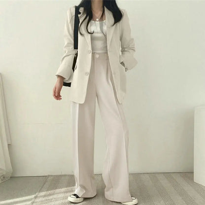 TAMBREET 2024 Women Blazer Pants Korean Fashion Open Front Blazer Jacket Straight Wide Leg Suit Pants Women Casual Blazer Suit Pants