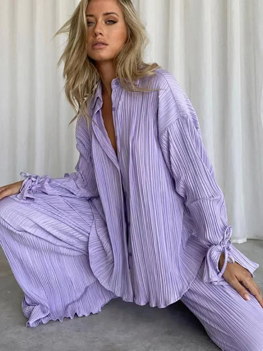 TAMBREET 2024 Women Pleated 2 Piece Sets Long Sleeve Blouse Tops And Split Wide Leg Pant Suit Female Fashion Casual Loose Homewear Outfit