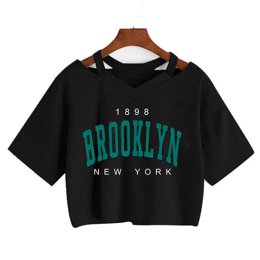 TAMBREET 2024 Y2k Brooklyn Letter Print Women T Shirt Harajuku Ullzang T Shirt Funny Graphic T-shirt Korean Style Casual Crop Tops Female