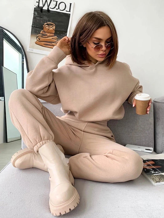 TAMBREET 2024 autumn new women's leisure suit solid color long sleeved loose hoodie sports trouser Female winter fashion two piece set