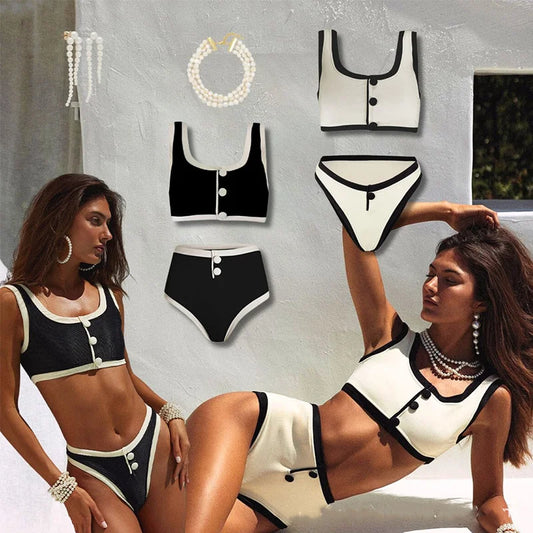 TAMBREET 2024 new European and American black and white simple ins wind high sense split swimsuit female small fragrance wind than base.