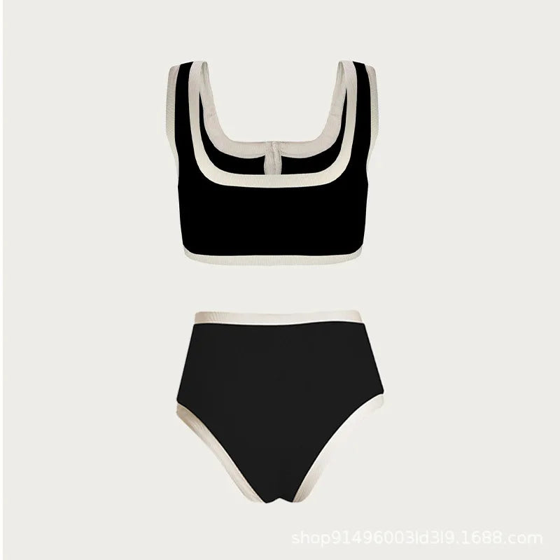 TAMBREET 2024 new European and American black and white simple ins wind high sense split swimsuit female small fragrance wind than base.