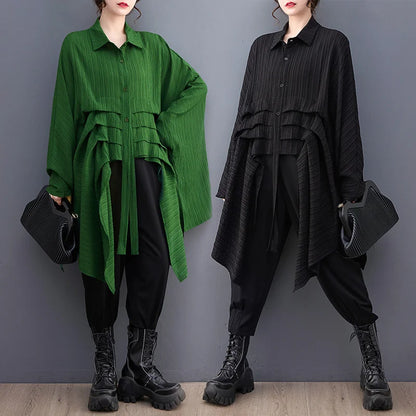 TAMBREET #2813 Black Green Irregular Shirt Women Batwing Sleeve Loose Long Streetwear Hip Hop Womens Tops And Blouses Folds Korean Style