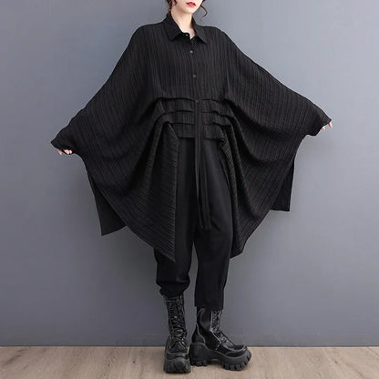 TAMBREET #2813 Black Green Irregular Shirt Women Batwing Sleeve Loose Long Streetwear Hip Hop Womens Tops And Blouses Folds Korean Style