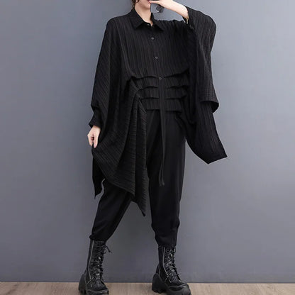 TAMBREET #2813 Black Green Irregular Shirt Women Batwing Sleeve Loose Long Streetwear Hip Hop Womens Tops And Blouses Folds Korean Style