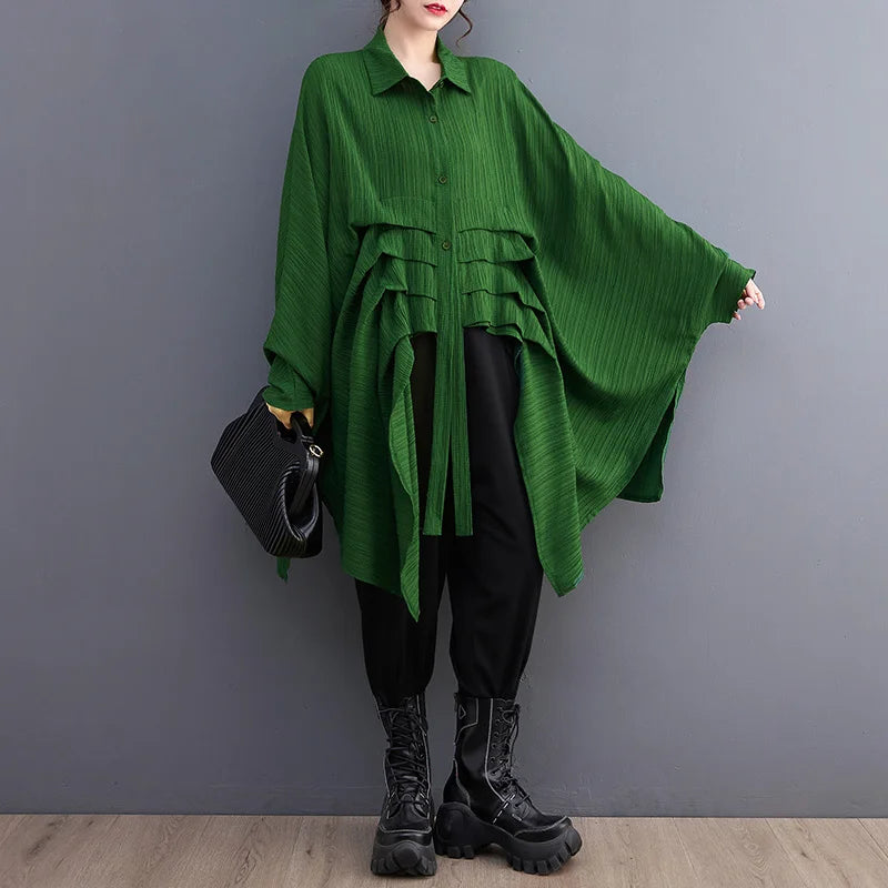 TAMBREET #2813 Black Green Irregular Shirt Women Batwing Sleeve Loose Long Streetwear Hip Hop Womens Tops And Blouses Folds Korean Style