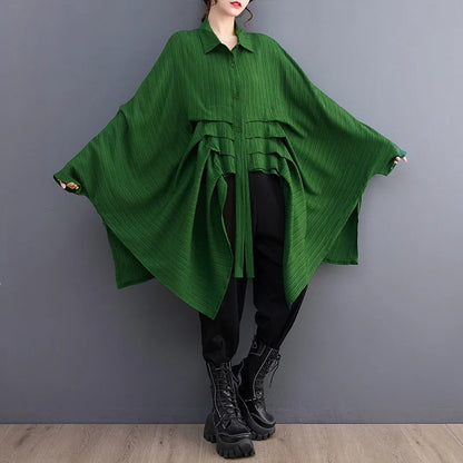 TAMBREET #2813 Black Green Irregular Shirt Women Batwing Sleeve Loose Long Streetwear Hip Hop Womens Tops And Blouses Folds Korean Style