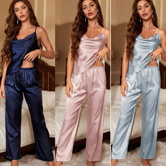 TAMBREET 2PCS/Set Thin Section Ice Silk Pyjamas Ladies Outside Leisure Homewear Women Fashion Sexy Pajamas Solid Suspenders Sleepwear