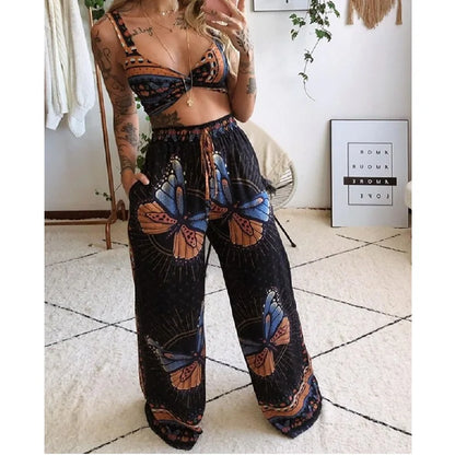 TAMBREET 2Pcs Suit Summer Tracksuit Sets Womens Outfits Boho Beach Style Print Underwear Loose Wide Leg Pants Ropa Mujer Подходить New