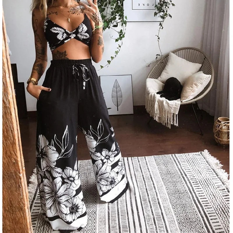 TAMBREET 2Pcs Suit Summer Tracksuit Sets Womens Outfits Boho Beach Style Print Underwear Loose Wide Leg Pants Ropa Mujer Подходить New