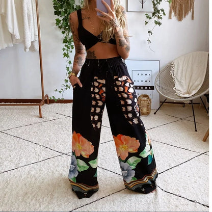 TAMBREET 2Pcs Suit Summer Tracksuit Sets Womens Outfits Boho Beach Style Print Underwear Loose Wide Leg Pants Ropa Mujer Подходить New