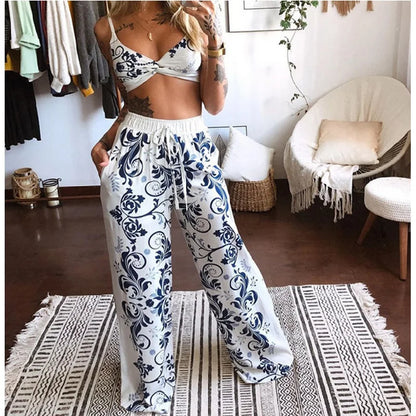 TAMBREET 2Pcs Suit Summer Tracksuit Sets Womens Outfits Boho Beach Style Print Underwear Loose Wide Leg Pants Ropa Mujer Подходить New