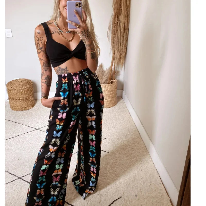 TAMBREET 2Pcs Suit Summer Tracksuit Sets Womens Outfits Boho Beach Style Print Underwear Loose Wide Leg Pants Ropa Mujer Подходить New