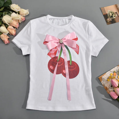 TAMBREET 3D Butterfly Tie Decorative T Shirt For Women Coquette Bows Short Sleeve Summer Slim Fit Casual Printed Tees Tops