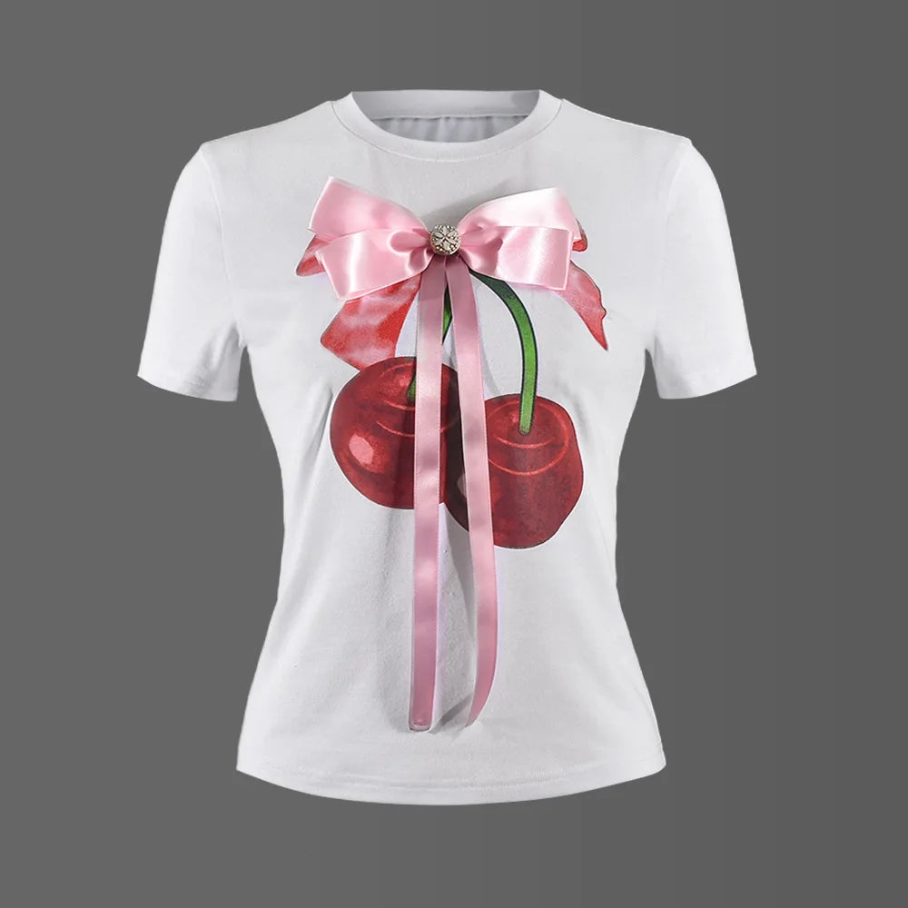 TAMBREET 3D Butterfly Tie Decorative T Shirt For Women Coquette Bows Short Sleeve Summer Slim Fit Casual Printed Tees Tops