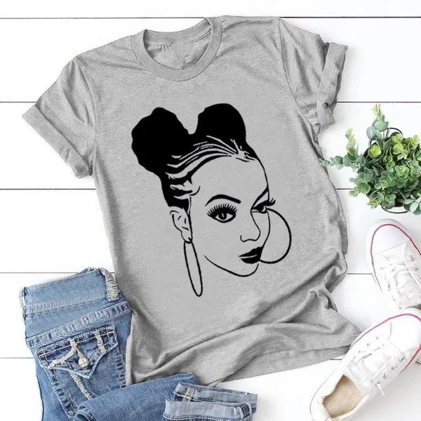 TAMBREET African Girl Print T Shirt Women Short Sleeve O Neck Loose Tshirt Summer Women Tee Shirt Tops Camisetas Mujer