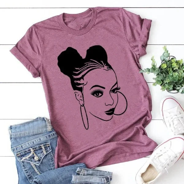 TAMBREET African Girl Print T Shirt Women Short Sleeve O Neck Loose Tshirt Summer Women Tee Shirt Tops Camisetas Mujer