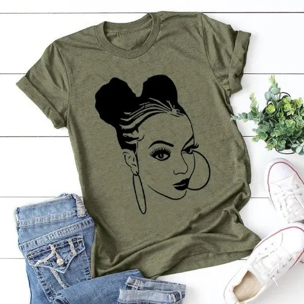 TAMBREET African Girl Print T Shirt Women Short Sleeve O Neck Loose Tshirt Summer Women Tee Shirt Tops Camisetas Mujer