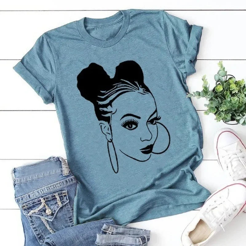 TAMBREET African Girl Print T Shirt Women Short Sleeve O Neck Loose Tshirt Summer Women Tee Shirt Tops Camisetas Mujer