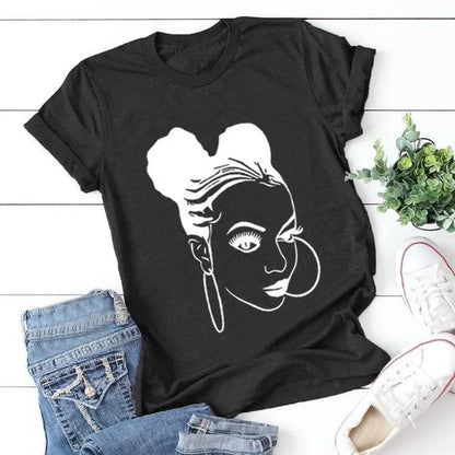 TAMBREET African Girl Print T Shirt Women Short Sleeve O Neck Loose Tshirt Summer Women Tee Shirt Tops Camisetas Mujer