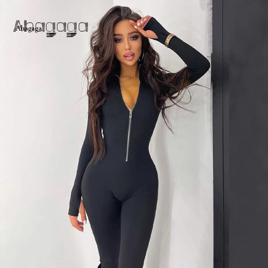 TAMBREET Ahagaga Fashion Sexy Jumpsuits Women Fitness Streetwear Solid Regular Casual Long Sleeve Slim Skinny Y2K Overalls Zipper Outfit