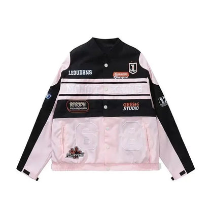 TAMBREET American Fashion Label Detachable Motorcycle Jacket Women's Clothing Retro Hip-hop Loose Couple Baseball Outfit Pink Casual Coat