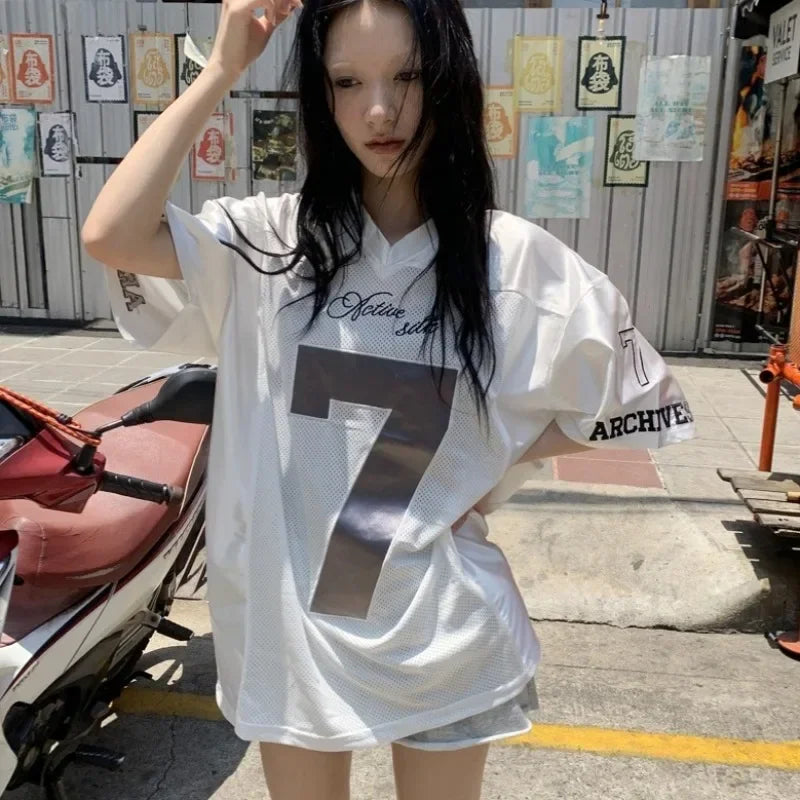 TAMBREET American Fashion Sports Oversized T-shirts Sexy Women Y2K Graphic Short Sleeve Tops Silvery Quick Drying Casual Basketball TeeS