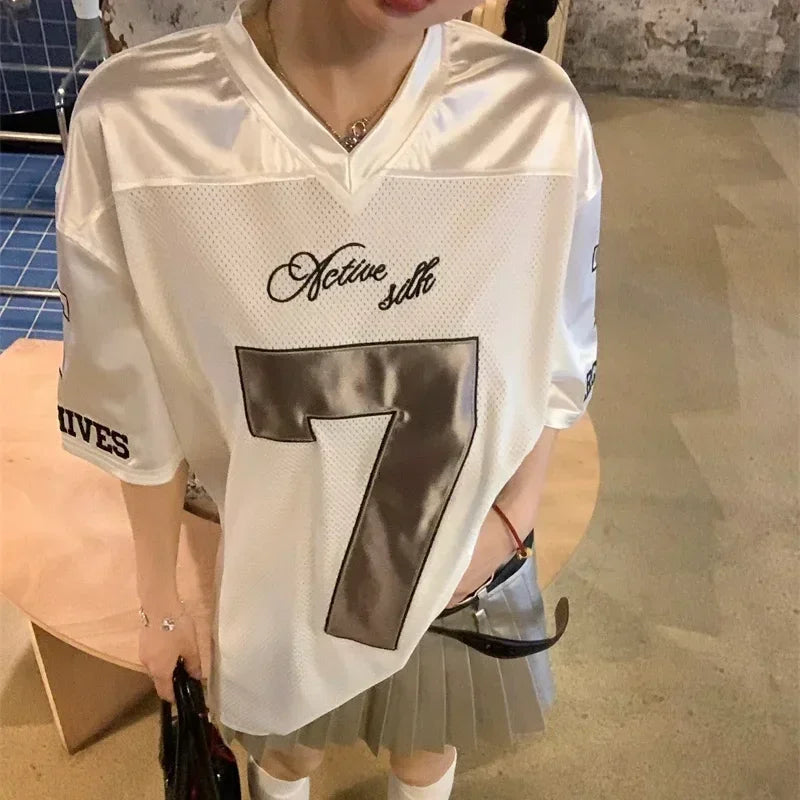 TAMBREET American Fashion Sports Oversized T-shirts Sexy Women Y2K Graphic Short Sleeve Tops Silvery Quick Drying Casual Basketball TeeS