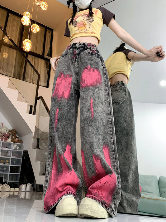 TAMBREET American High Street Graffiti Design Y2k Jeans Personality Vintage Wide Leg Pants Women Summer New Hip-hop Jeans for Women