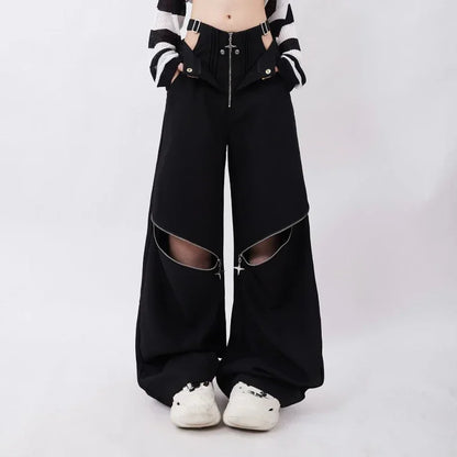 TAMBREET American Individualized Spicy Girl Hollow Out Workwear Pants for Women Fashion Zipper Two Wear Design Casual Versatile Trousers